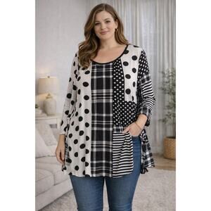 Lily by Firmiana 4XL Black White Patchwork Tunic Top Polka Dot Plaid